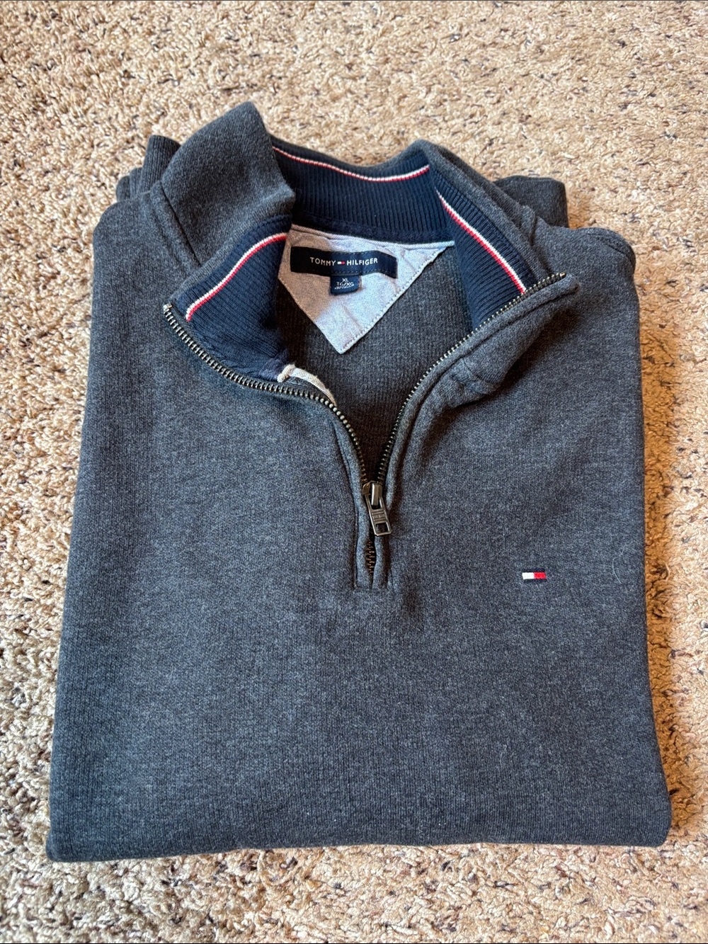 Tommy Hilfiger Men's Dark Gray Quarter-Zip Sweater with Flag Detail